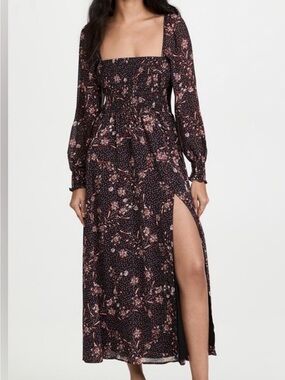 Smocked Square-Neck Black Floral Maxi Dress